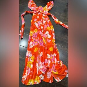 Miss Selfridge Red Floral Maxi Dress with Pink & Yellow Blooms